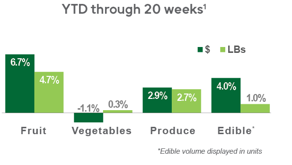 Bar graph of YTD through 20 weeks of fruit, vegetables, produce, and edible.